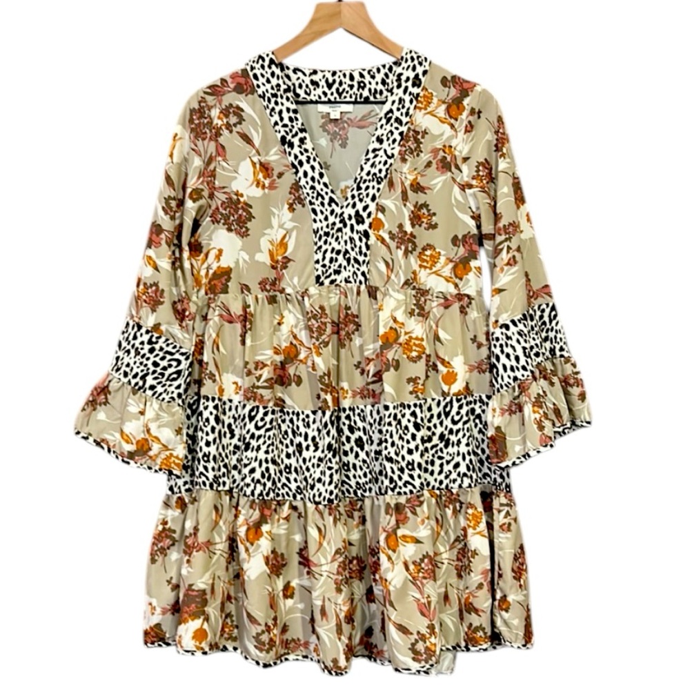 Entro Floral Leopard Print Boho Tiered Babydoll Dress Women’s Size Small